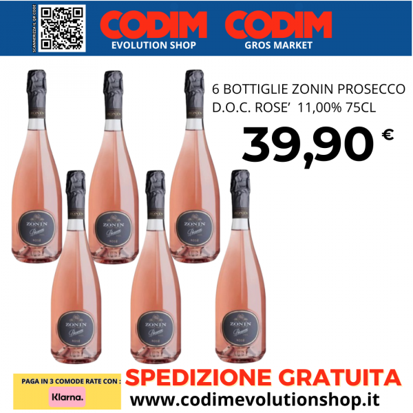 6 Bottiglie Zonin Prosecco DOC Rosè 11% Vol.75cl