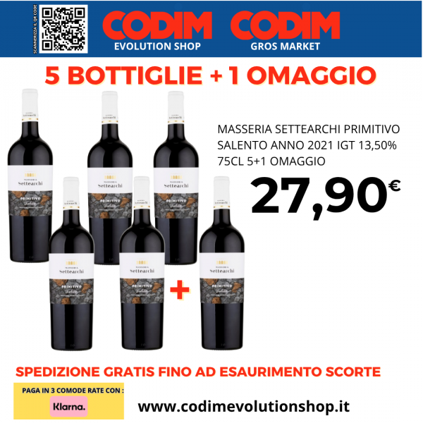 Masseria Settearchi Primitivo Salento ANNO 2021 IGT 13,50% Vol. 75cl 5+1 Omaggio