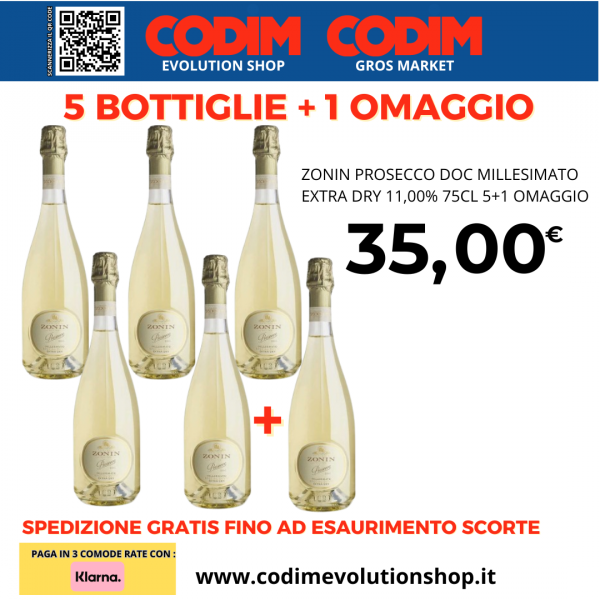Zonin Prosecco DOC Millesimato Extra Dry 75cl 11% Vol. 5+1 Omaggio