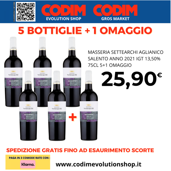 Masseria Settearchi Aglianico Salento ANNO 2021 IGT 13,50% Vol. 75cl 5+1 Omaggio