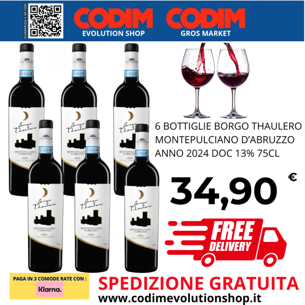 6 Bottiglie Borgo Thaulero Montepulciano D’Abruzzo ANNO 2024 DOC 13% Vol. 75cl