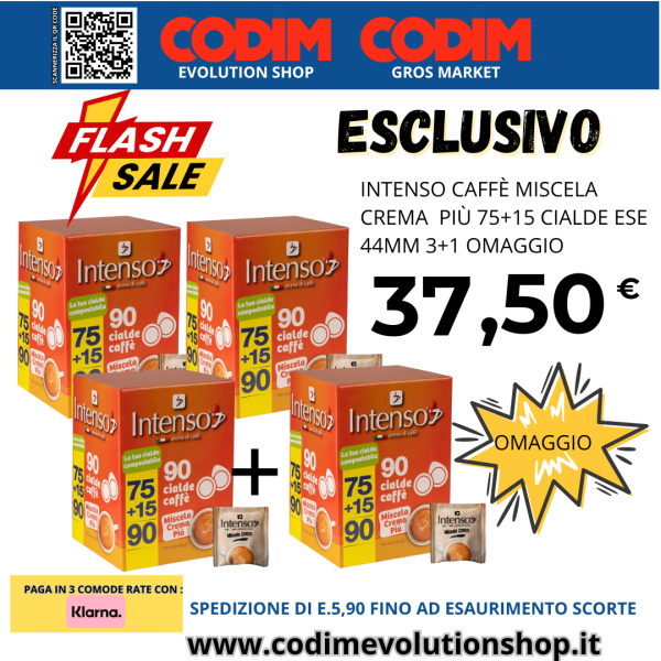 Intenso Caffe’ Miscela Crema Piu’ 75+15 Cialde ESE 44mm 3+1 Omaggio