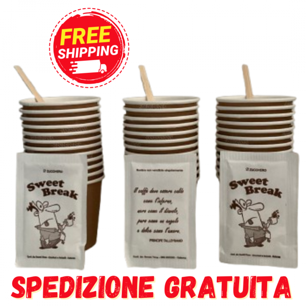 300 Kit accessori per caffè- bicchierini di carta, palettine legno e zucchero.