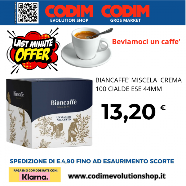 Biancaffe’ Miscela Crema 100 Cialde In Carta Filtro ESE 44 MM