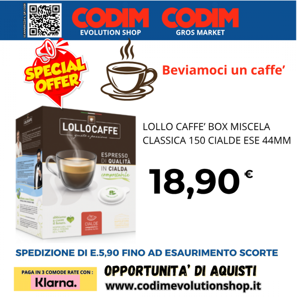 Lollo Caffe’ Miscela Classica 150 Cialde Filtro Carta Ese 44 MM 7,50 Grammi