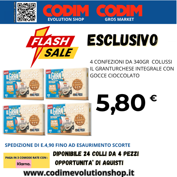 4 CONFEZIONI Colussi IL Granturchese Integrale Senza Lattosio con Gocce di Cioccolato 340gr
