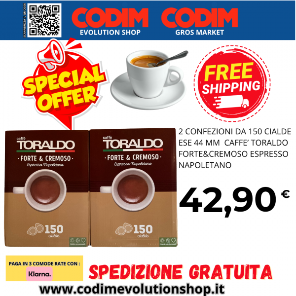 2 Confezioni di Toraldo Caffe’ Forte & Cremoso Espresso Napolitano da 150 Cialde  ESE 44mm 7,20g