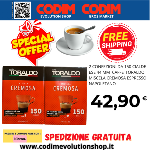 2 Confezioni di Toraldo Caffe’ Miscela Cremosa Espresso Napolitano da 150 Cialde ESE 44mm 7,20g