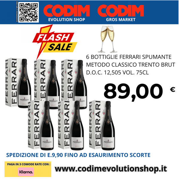 6 Bottiglie Ferrari Spumante Metodo Classico Trento Brut D.O.C. 12,50% Vol. 75cl