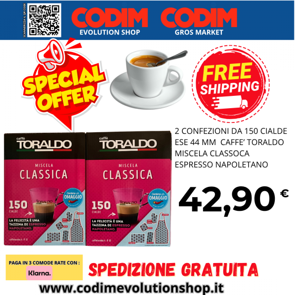 2 Confezioni di Toraldo Caffe’ Miscela Classica Espresso Napolitano 150 Cialde ESE 44mm 7,20g
