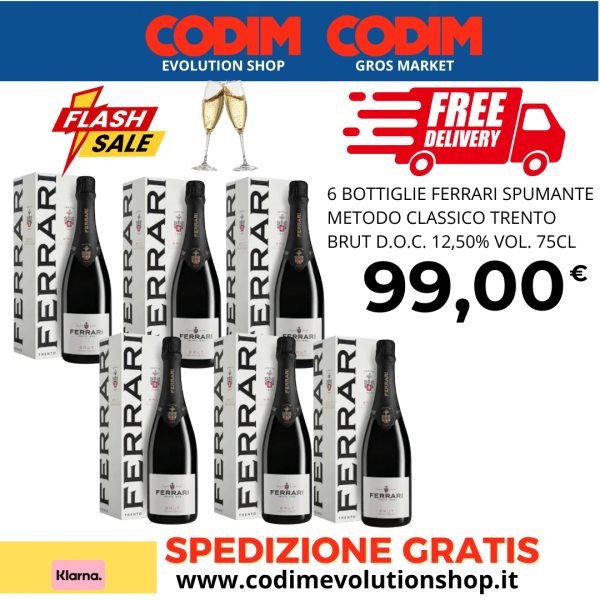 6 Bottiglie Ferrari Spumante Metodo Classico Trento Brut D.O.C. 12,50% Vol. 75cl