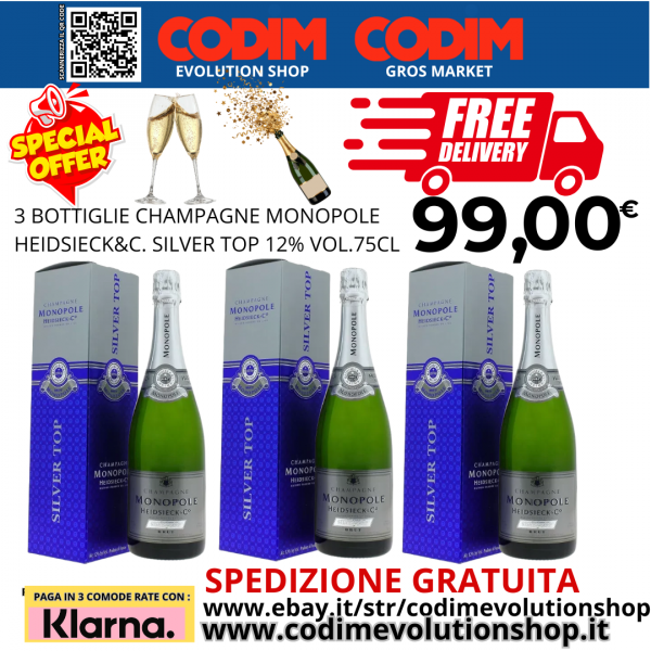 3 Bottiglie Champagne Monopole Heidsieck&C. Brut Silver Top Astuccio 12% Vol.75cl