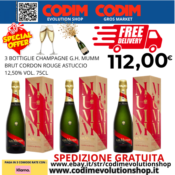 3 Bottiglie Champagne G.H. MUMM Brut Cordon Rouge Astuccio 12,50% Vol. 75cl