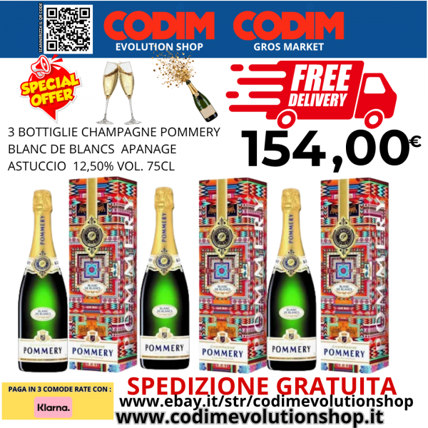3 Bottiglie Champagne Pommery Blanc De Blancs Apanage Astuccio 12,50% Vol. 75cl
