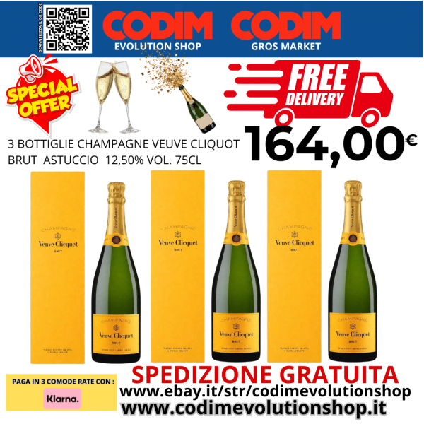 3 Bottiglie Champagne Veuve Cliquot Brut Astuccio 12,50% Vol. 75cl