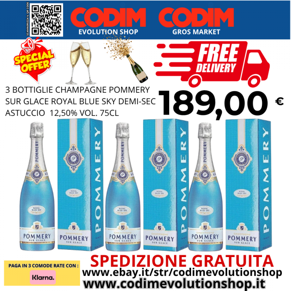 3 Bottiglie Champagne Pommery Sur Glace Royal Blue Sky Astuccio 12,50% Vol. 75cl