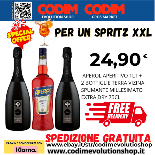 PER UN SPIRITZ XXL  1 Bottiglia Aperol 1lt+2 Bottiglie Spumante Terra Vizina Millesimato Extra Dry 75cl