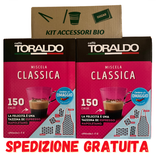 300 Cialde Toraldo Caffe’ Miscela Classica in OMAGGIO 150 PEZZI KIT ACCESSORI CAFFE’