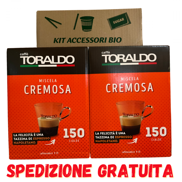 300 Cialde Toraldo Caffe’ Miscela Cremosa in OMAGGIO 150 PEZZI KIT ACCESSORI CAFFE’