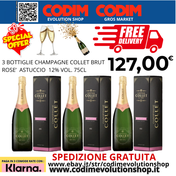 3 Bottiglie Champagne Collet Brut Rose’ Astuccio 12% Vol. 75cl