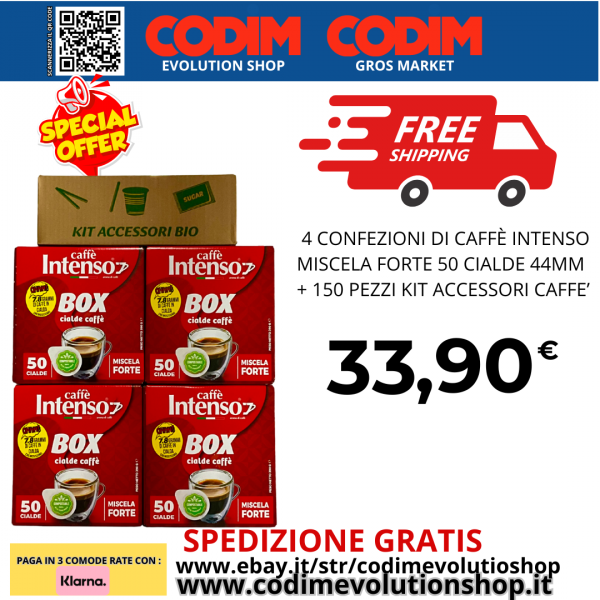 4 Confezioni Intenso Caffe’ Miscela Forte 50 Cialde + 150 Pezzi KIT Accessori Caffe’