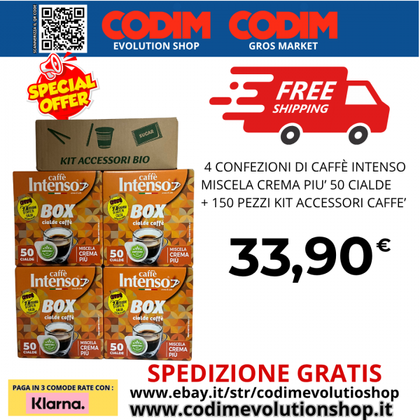 4 Confezioni Intenso Caffe’ Box Miscela Crema Piu’ 50 Cialde ESE 44mm +150 Pezzi kit Accessori Caffe’
