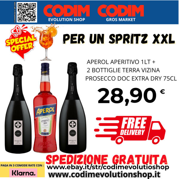 PER UN SPIRITZ XXL 1 Bottiglia Aperol 1lt+2 Bottiglie ProseccoTerra Vizina DOC Extra Dry 75cl