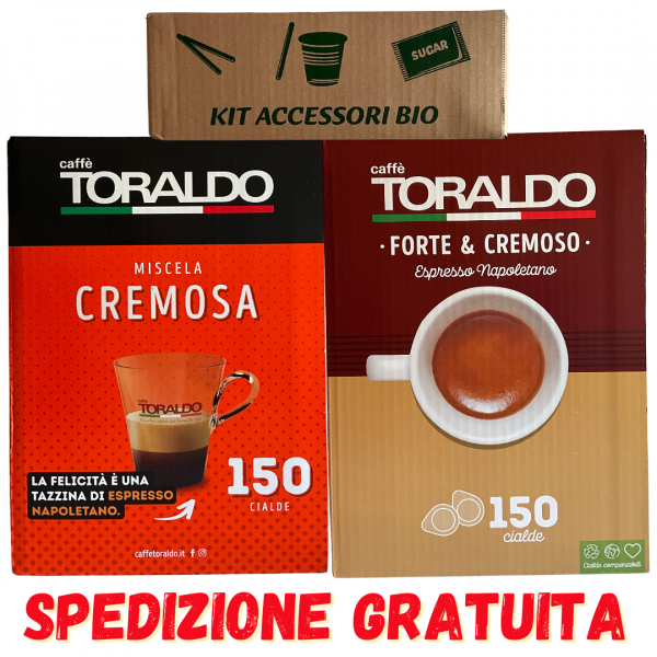 150Cialde Toraldo Caffe Miscela Cremosa+150Cialde Caffè Toraldo. Fort&Crem.+150PZ KIT ACCESSORI CAFFE’