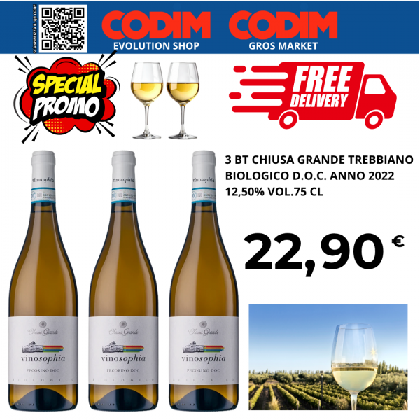 3 bottiglie Chiusa Grande Trebbiano D’Abruzzo Biologico ANNO 2022 DOC 12,50% Vol. 75cl