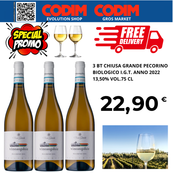 3 bottiglie Chiusa Grande Pecorino D’Abruzzo Biologico ANNO 2022 DOC 13,50% Vol. 75cl