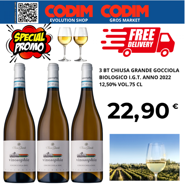 3 Bottiglie Chiusa Grande Cococciola Biologico ANNO 2022 IGT 12,50% Vol. 75CL