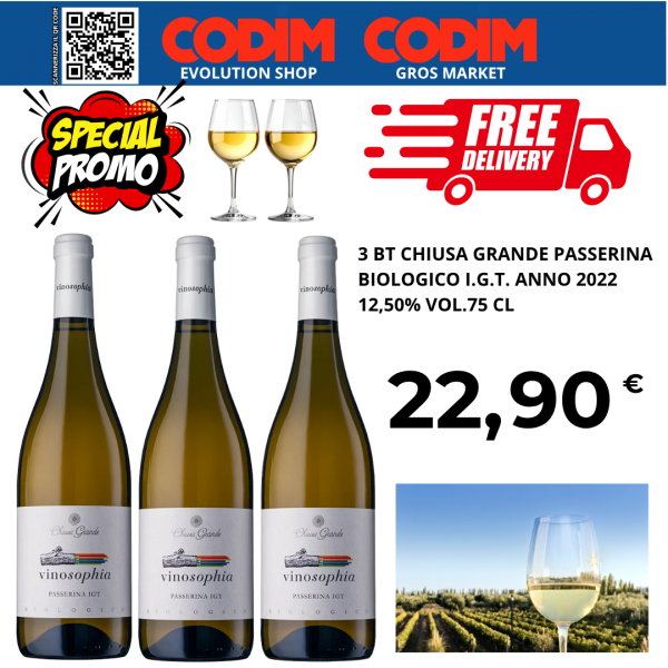 3 Bottiglie Chiusa Grande Passerina Biologico ANNO 2022 I.G.T. 12,50% Vol. 75cl