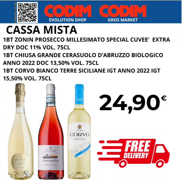 1BT ZONIN PROSECCO 75CL+1BT CHIUSA GRANDE CERASUOLO 75CL+1BT CORVO BIANCO 75CL